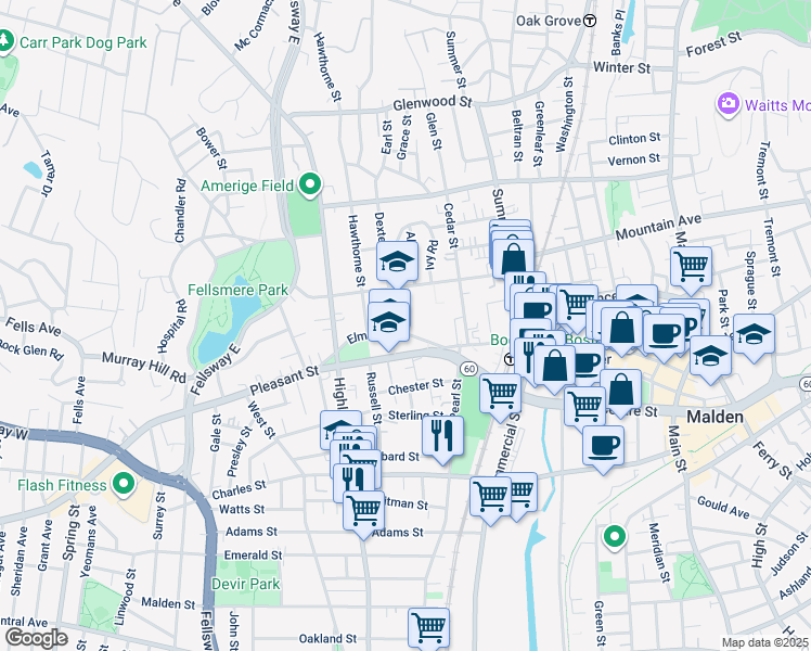 map of restaurants, bars, coffee shops, grocery stores, and more near 401 Pleasant Street in Malden