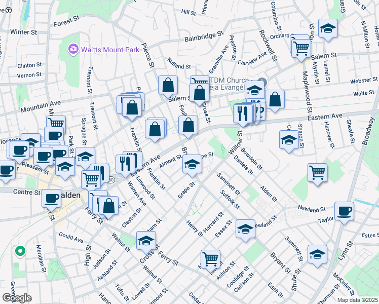 map of restaurants, bars, coffee shops, grocery stores, and more near 67 Almont Street in Malden