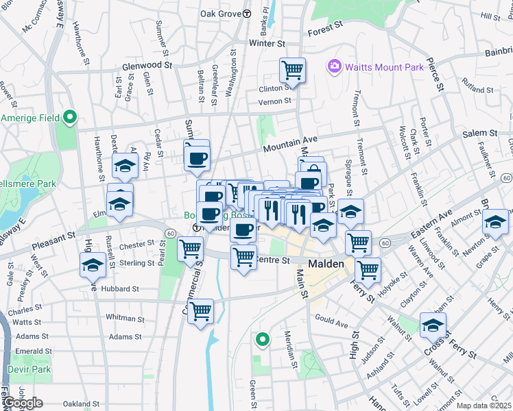 map of restaurants, bars, coffee shops, grocery stores, and more near 95-105 Pleasant Street in Malden