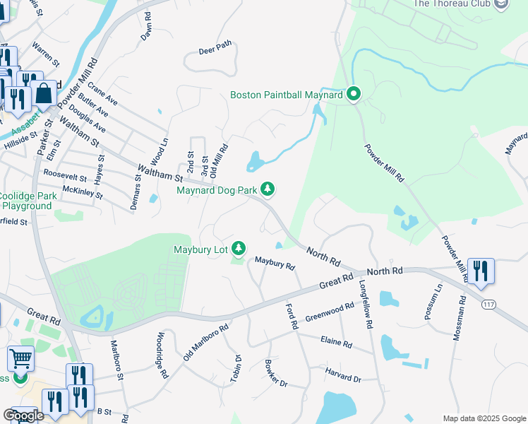 map of restaurants, bars, coffee shops, grocery stores, and more near 141 Waltham Street in Maynard
