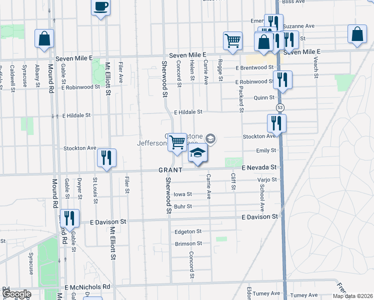 map of restaurants, bars, coffee shops, grocery stores, and more near 18056 Concord Street in Detroit