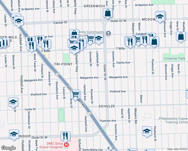 map of restaurants, bars, coffee shops, grocery stores, and more near 18517 Snowden Street in Detroit