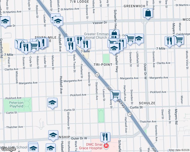 map of restaurants, bars, coffee shops, grocery stores, and more near 14010 Margareta Street in Detroit