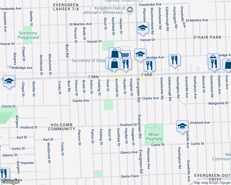 map of restaurants, bars, coffee shops, grocery stores, and more near 18922 Stout Street in Detroit
