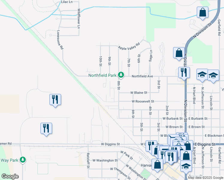 map of restaurants, bars, coffee shops, grocery stores, and more near 1014 9th Street in Harvard