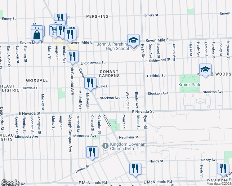 map of restaurants, bars, coffee shops, grocery stores, and more near 18410 Revere Street in Detroit