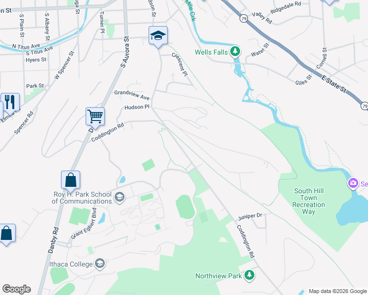 map of restaurants, bars, coffee shops, grocery stores, and more near 221 Coddington Road in Ithaca