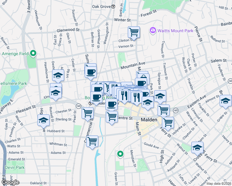 map of restaurants, bars, coffee shops, grocery stores, and more near in Malden