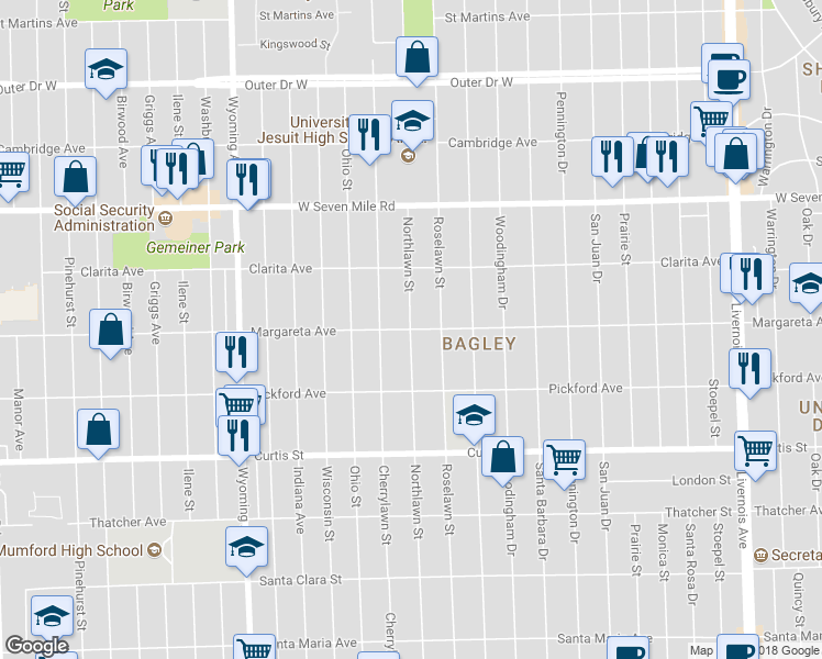 map of restaurants, bars, coffee shops, grocery stores, and more near 8398 Margareta Avenue in Detroit