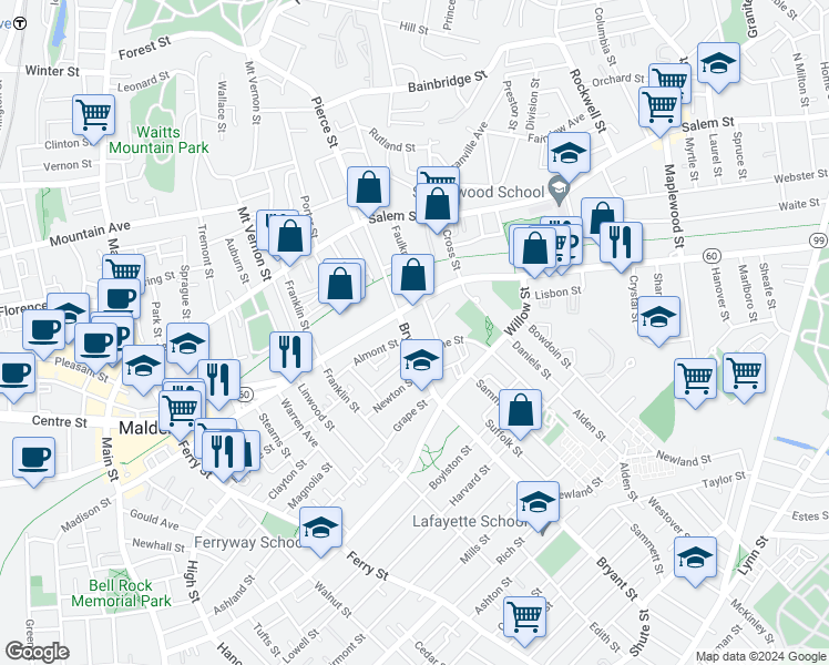 map of restaurants, bars, coffee shops, grocery stores, and more near 164 Bryant Street in Malden