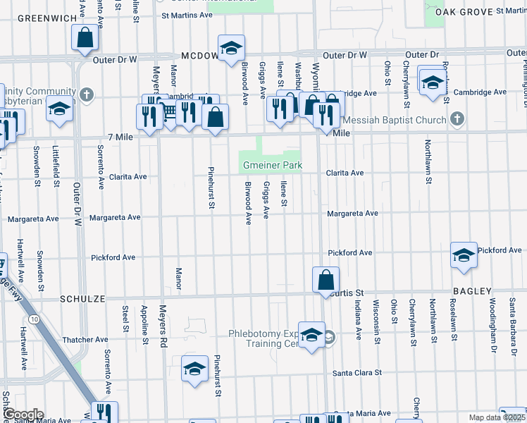 map of restaurants, bars, coffee shops, grocery stores, and more near 18603 Griggs Street in Detroit