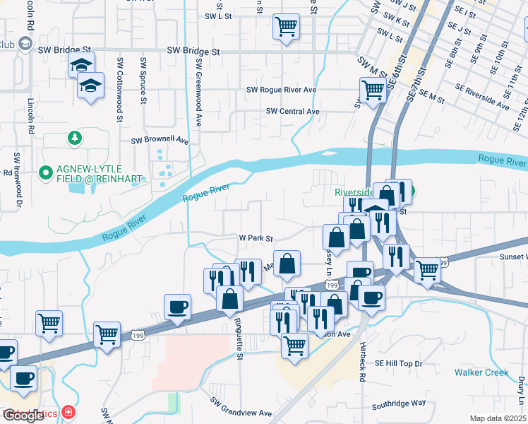map of restaurants, bars, coffee shops, grocery stores, and more near 1257 Plummer Avenue in Grants Pass