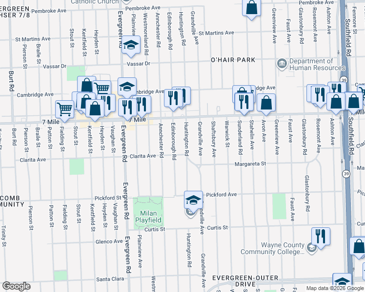 map of restaurants, bars, coffee shops, grocery stores, and more near 18909 Huntington Road in Detroit