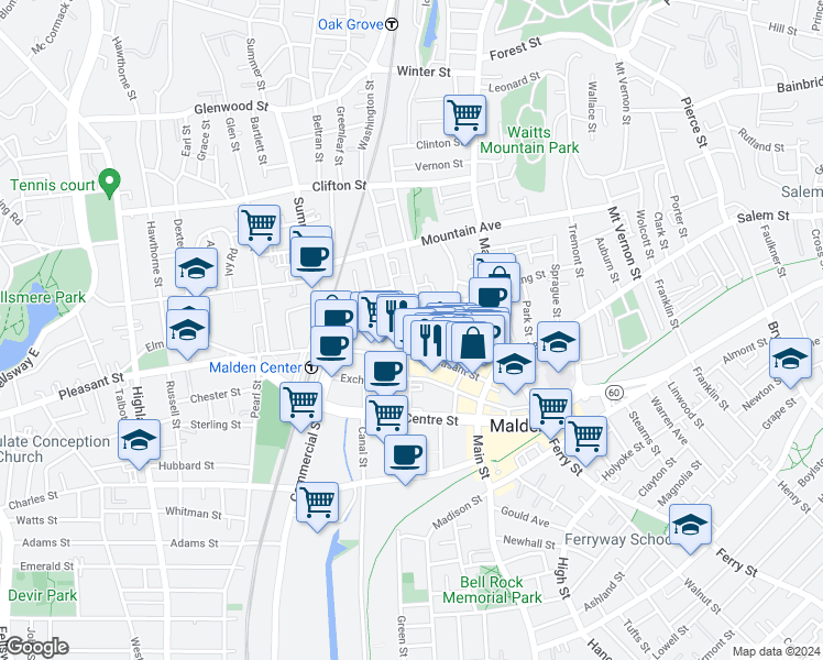 map of restaurants, bars, coffee shops, grocery stores, and more near 95-105 Pleasant Street in Malden
