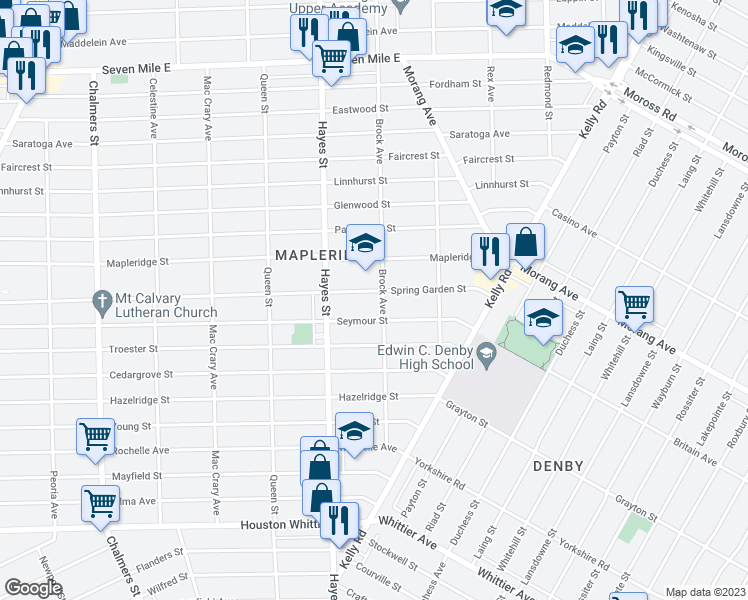 map of restaurants, bars, coffee shops, grocery stores, and more near 15292 Spring Garden Street in Detroit