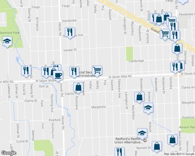map of restaurants, bars, coffee shops, grocery stores, and more near W 7 Mile Rd & Denby in Redford Charter Township
