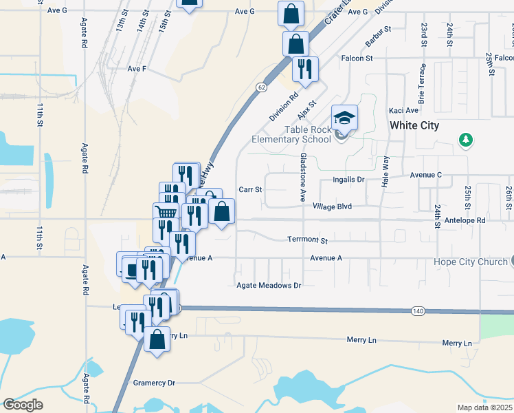 map of restaurants, bars, coffee shops, grocery stores, and more near 7655 Garrison Avenue in White City