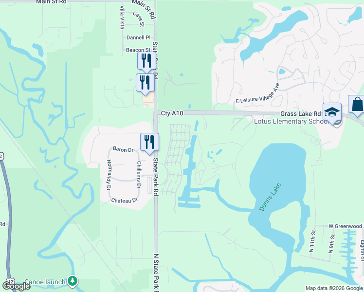 map of restaurants, bars, coffee shops, grocery stores, and more near 30 Montego Colony Street in Fox Lake