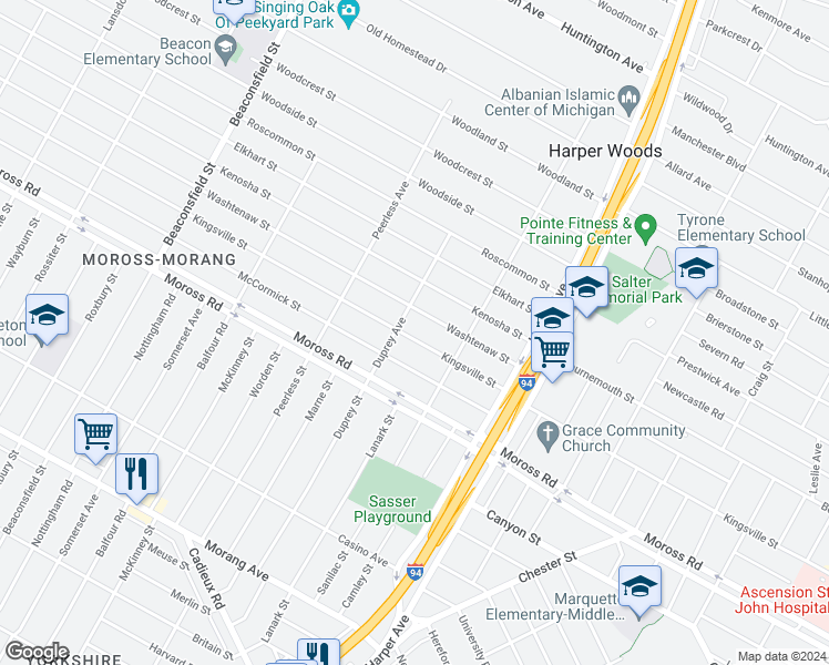 map of restaurants, bars, coffee shops, grocery stores, and more near 20429 Kingsville Street in Harper Woods