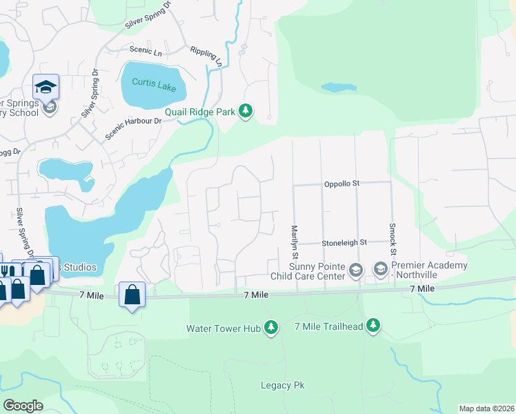 map of restaurants, bars, coffee shops, grocery stores, and more near 19587 Northridge Drive in Northville
