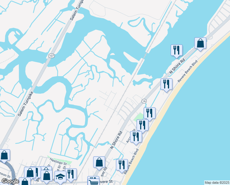 map of restaurants, bars, coffee shops, grocery stores, and more near 77 Woodland Road in Revere