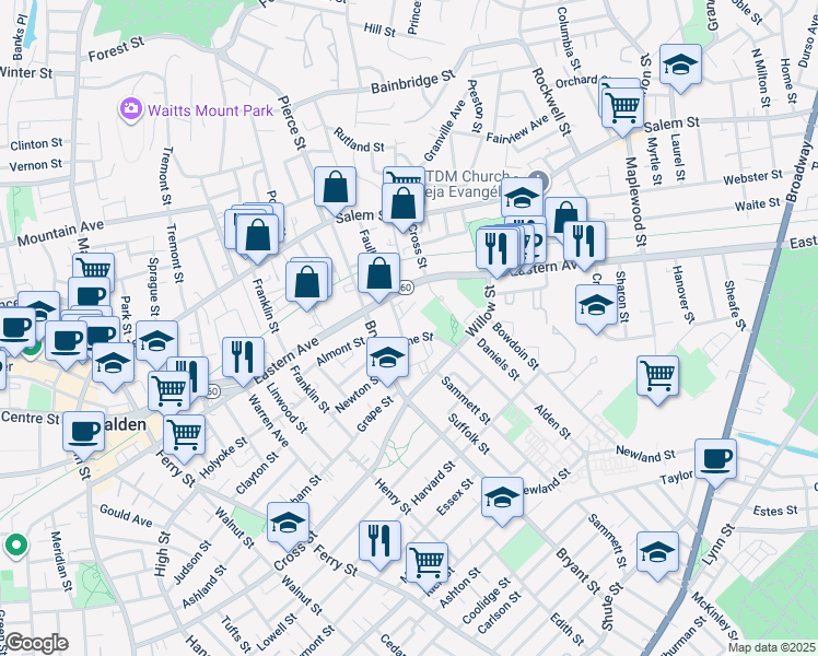 map of restaurants, bars, coffee shops, grocery stores, and more near 504 Cross Street in Malden
