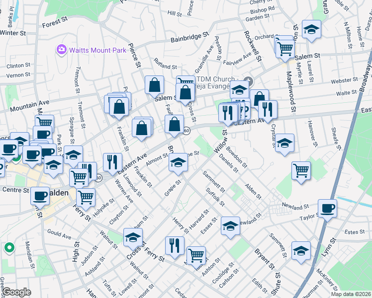map of restaurants, bars, coffee shops, grocery stores, and more near 504 Cross Street in Malden