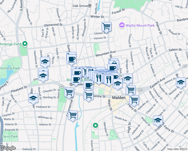 map of restaurants, bars, coffee shops, grocery stores, and more near 95-105 Pleasant Street in Malden