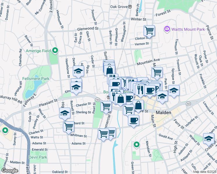 map of restaurants, bars, coffee shops, grocery stores, and more near in Malden