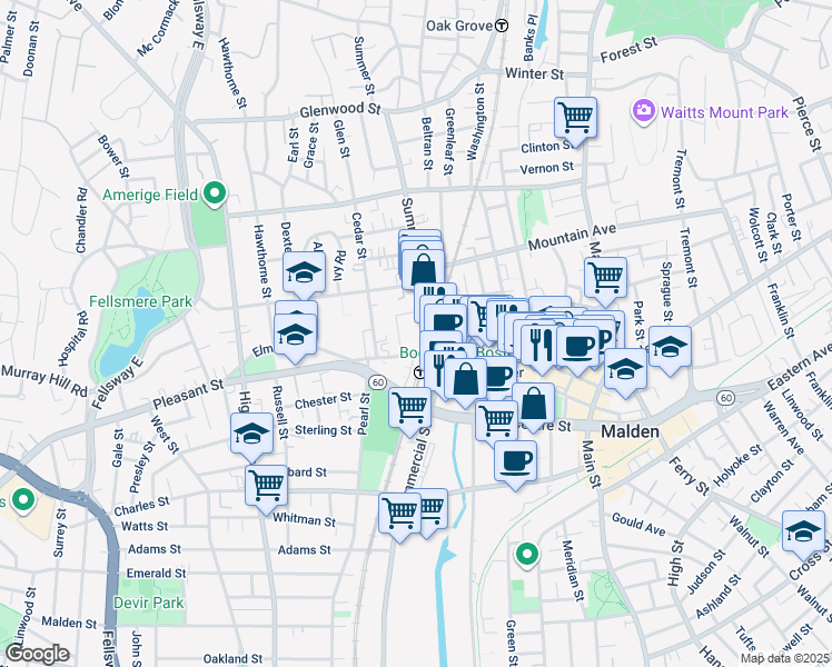 map of restaurants, bars, coffee shops, grocery stores, and more near in Malden
