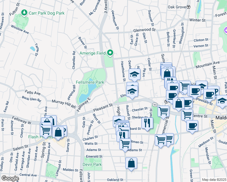 map of restaurants, bars, coffee shops, grocery stores, and more near 18 Overlook Park in Malden