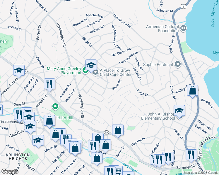 map of restaurants, bars, coffee shops, grocery stores, and more near 19 Stone Road in Arlington