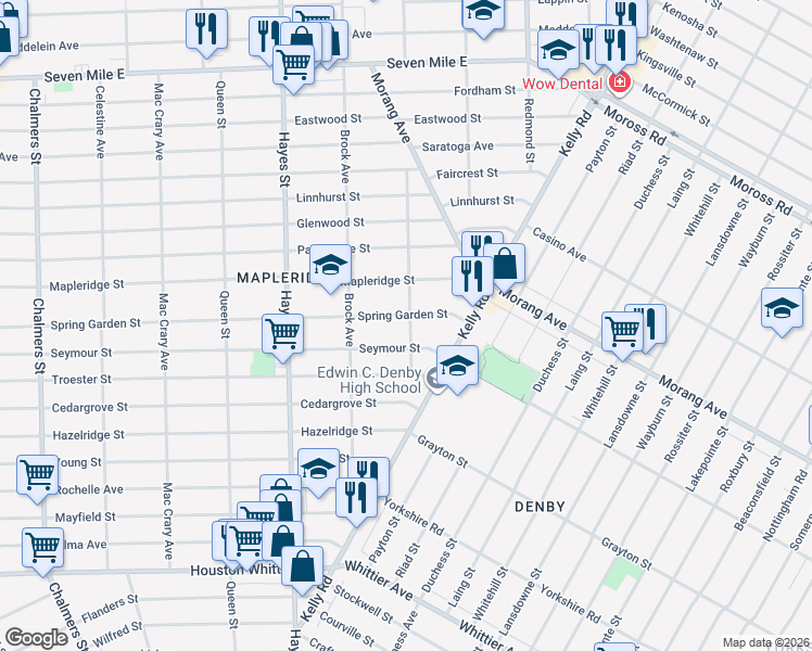 map of restaurants, bars, coffee shops, grocery stores, and more near 15515 Seymour Street in Detroit