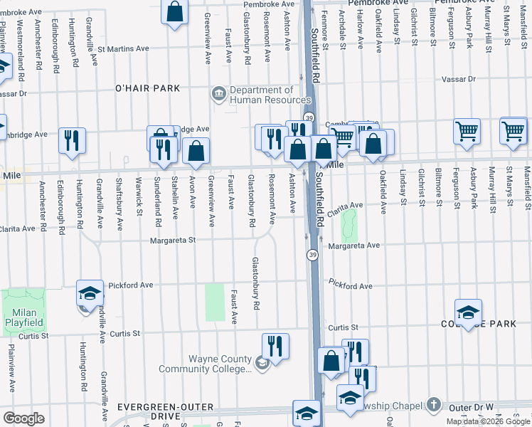 map of restaurants, bars, coffee shops, grocery stores, and more near 18640 Rosemont Avenue in Detroit