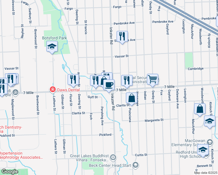 map of restaurants, bars, coffee shops, grocery stores, and more near 27509 West Seven Mile Road in Livonia