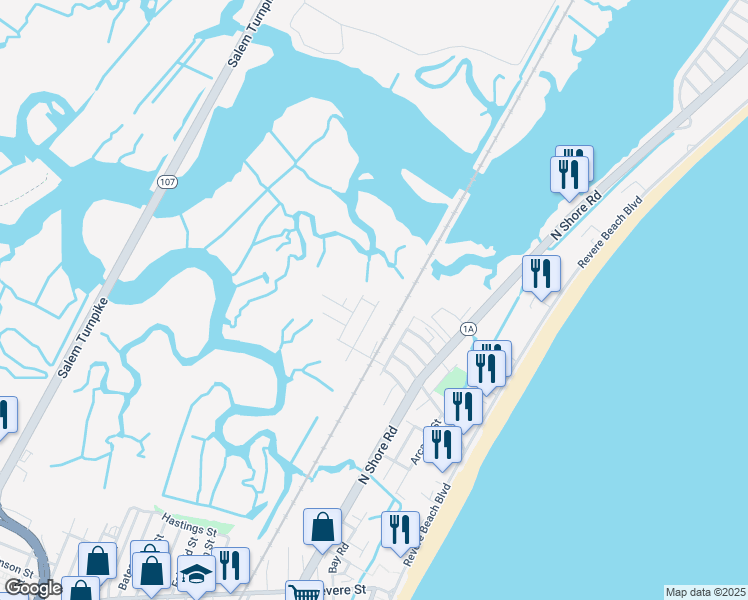 map of restaurants, bars, coffee shops, grocery stores, and more near 77 Woodland Road in Revere
