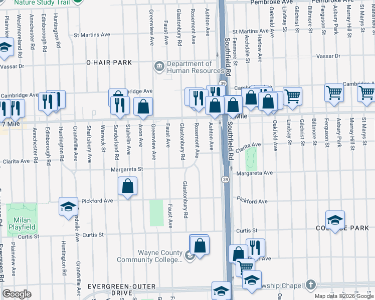 map of restaurants, bars, coffee shops, grocery stores, and more near 18641 Glastonbury Road in Detroit