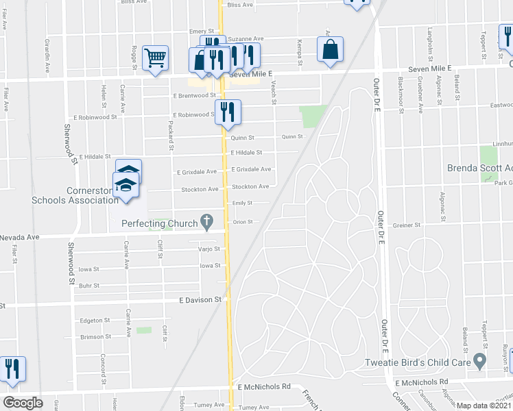 map of restaurants, bars, coffee shops, grocery stores, and more near 8092 Emily Street in Detroit
