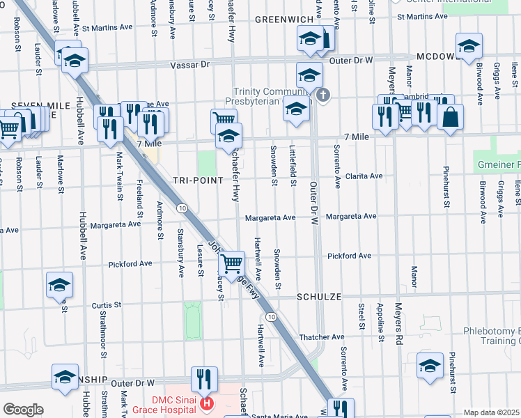 map of restaurants, bars, coffee shops, grocery stores, and more near 18626 Hartwell Avenue in Detroit