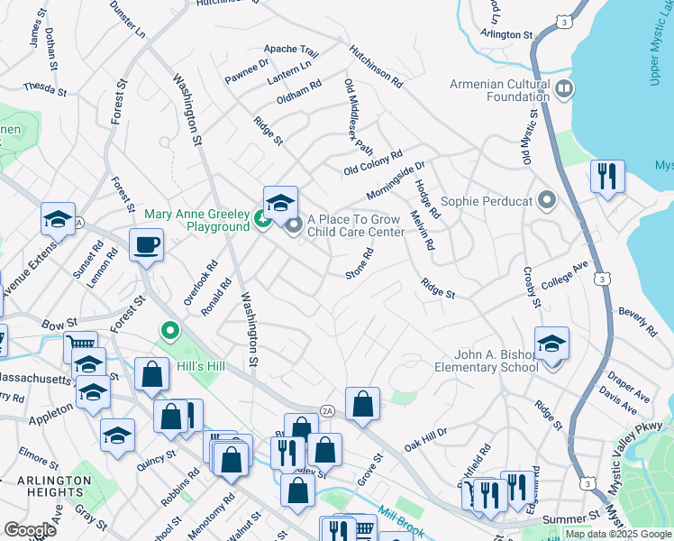map of restaurants, bars, coffee shops, grocery stores, and more near 19 Stone Road in Arlington