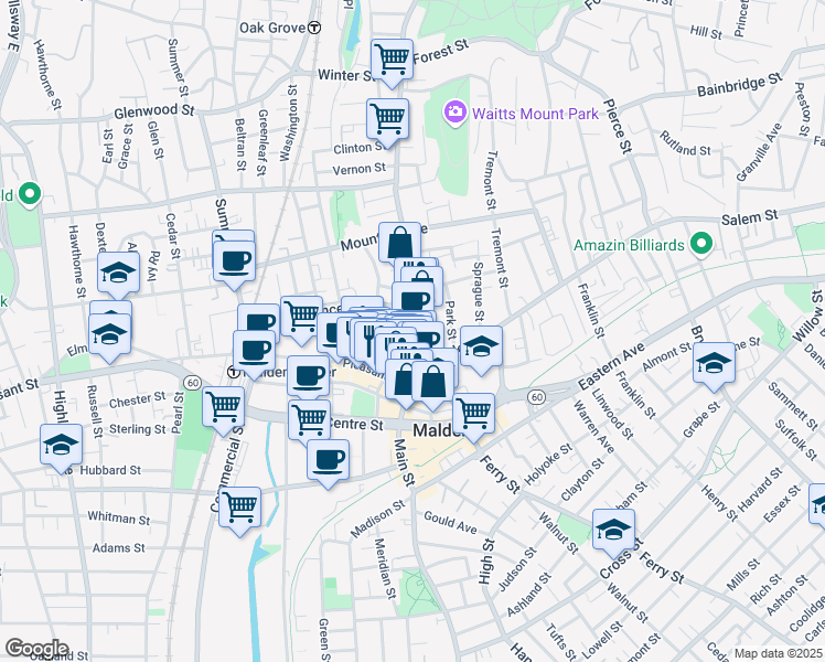 map of restaurants, bars, coffee shops, grocery stores, and more near 110 Florence Street in Malden