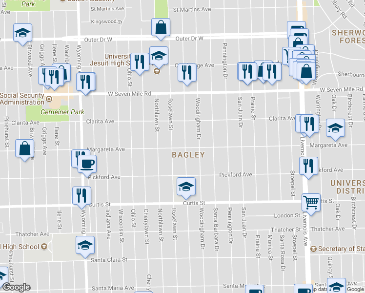 map of restaurants, bars, coffee shops, grocery stores, and more near 18601 Greenlawn Street in Detroit