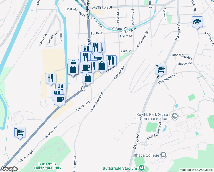 map of restaurants, bars, coffee shops, grocery stores, and more near 400 Spencer Road in Ithaca
