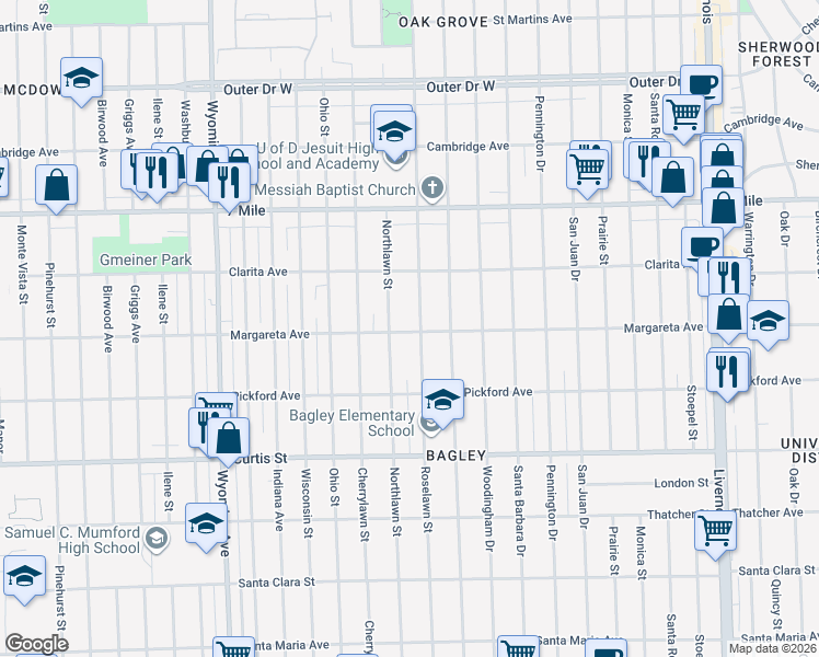 map of restaurants, bars, coffee shops, grocery stores, and more near 18500 Northlawn Street in Detroit