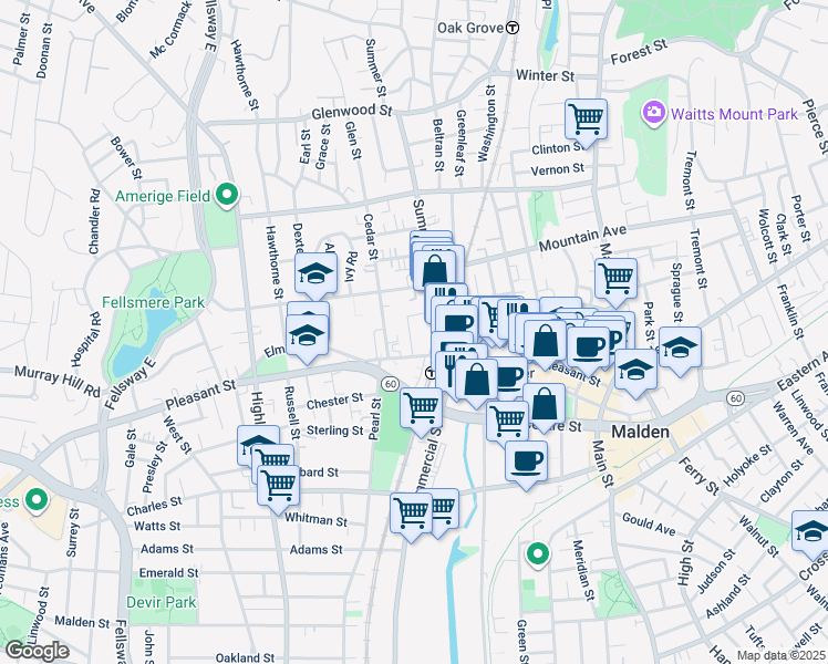 map of restaurants, bars, coffee shops, grocery stores, and more near 14 Summer Street in Malden