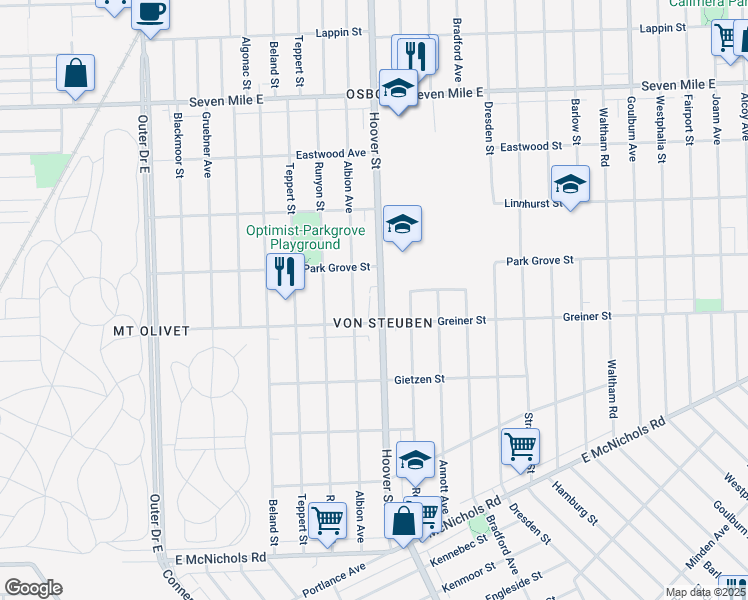 map of restaurants, bars, coffee shops, grocery stores, and more near 18047 Hoover Street in Detroit