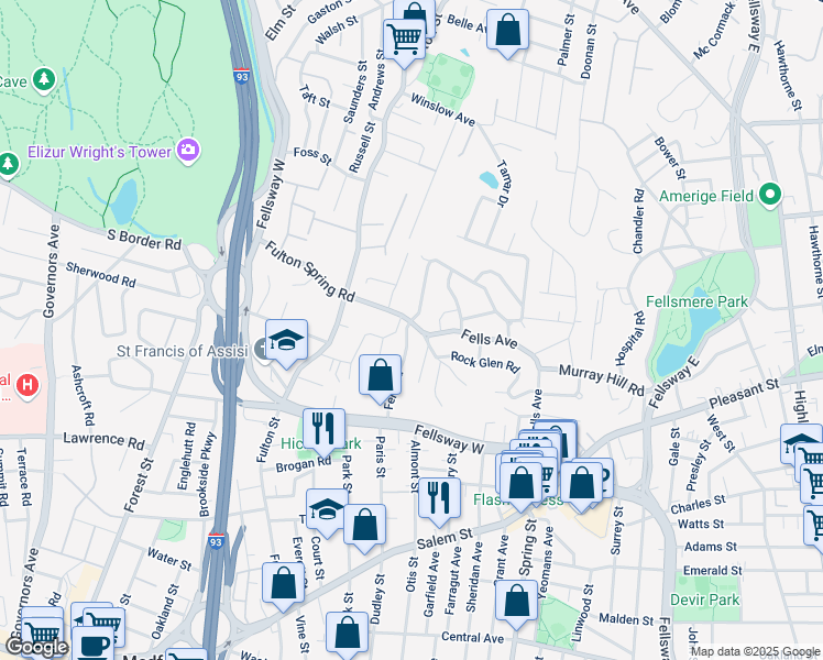 map of restaurants, bars, coffee shops, grocery stores, and more near 5 Lookout Road in Medford