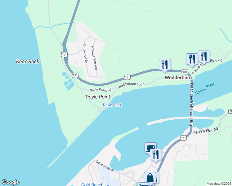 map of restaurants, bars, coffee shops, grocery stores, and more near 94144 Wedderburn Loop in Gold Beach