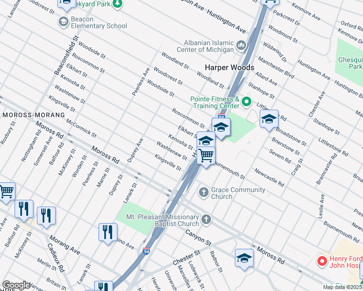 map of restaurants, bars, coffee shops, grocery stores, and more near 20640 Kenosha Street in Harper Woods