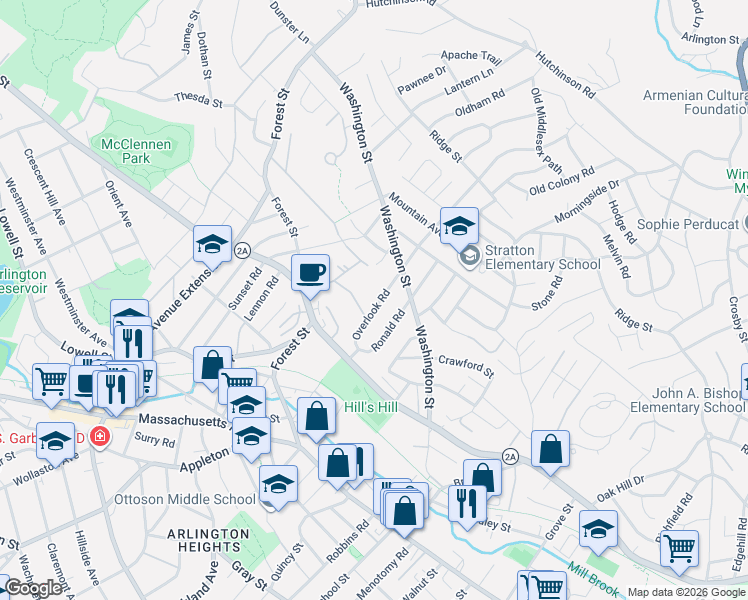 map of restaurants, bars, coffee shops, grocery stores, and more near 47 Peter Tufts Road in Arlington